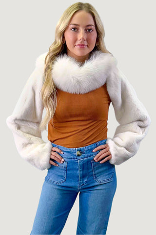 white mink fur bolero jacket with fox fur collar