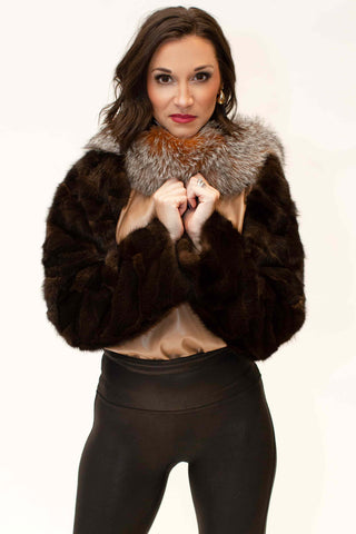 mahogany sectioned mink fur sleeves with crystal fox fur collar