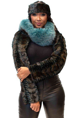 green sheared sectioned mink fur bolero with fox fur collar