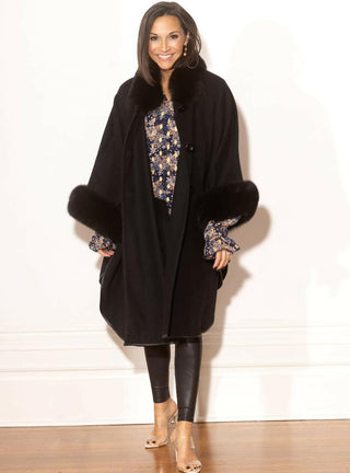 Black Cashmere Blend Cape with Fox Fur Trim