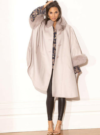 Light Gray Cashmere & Wool Blend Cape with Fox Fur Trim