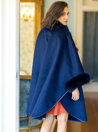 women's navy cashmere and wool blend cape with fox fur