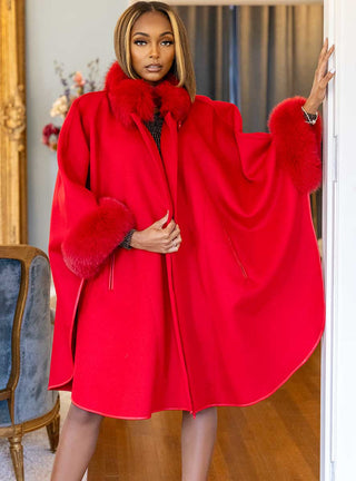 red cashmere & wool blend cape with fox fur collar & cuffs