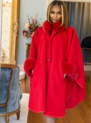 red cashmere & wool blend cape with fox fur collar & cuffs