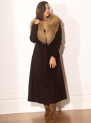 Cashmere Blend Coat with Raccoon Fur Shawl Collar.