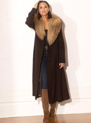 Cashmere Blend Coat with Raccoon Fur Shawl Collar.