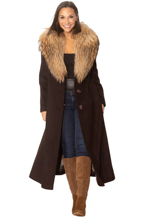 Cashmere Blend Coat with Raccoon Fur Shawl Collar.