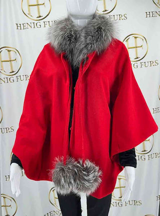 Wool Blend Cape with Fox Fur Collar & Pom Poms.