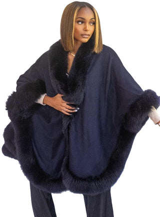 Navy Cashmere Blend Cape with Navy Fox Fur Trim