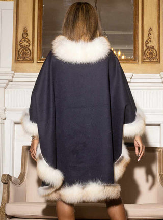 Navy Cashmere Blend Cape with Golden Island Fox Fur Trim