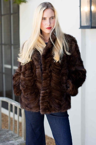 brown sectioned mink fur jacket with notch collar