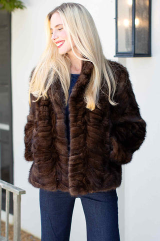 mahogany mink fur jacket with notch collar and straight sleeves