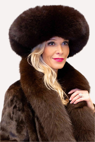 mahogany mink fur hat with brown fox fur trim