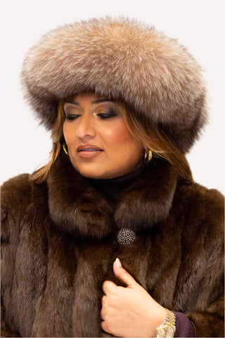 mahogany mink fur hat with crystal fox fur trim