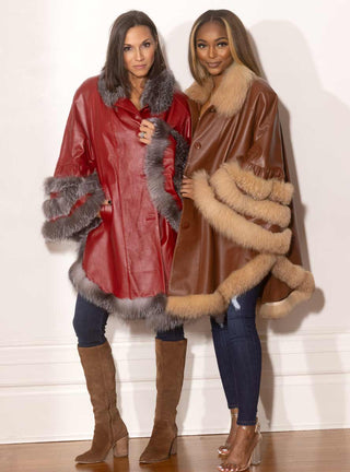 Leather Cape with Fox Fur Trim