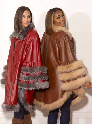 Leather Cape with Fox Fur Trim.