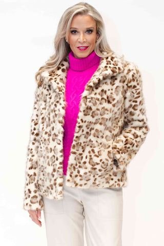 Beige sectioned mink fur jacket with animal print pattern