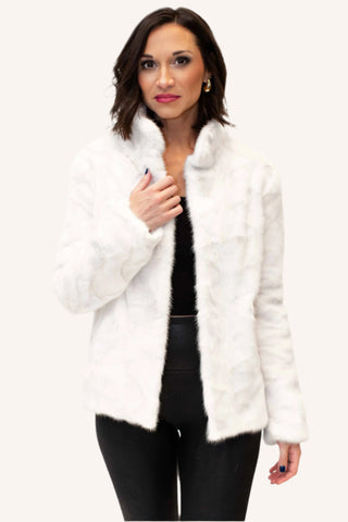 white sectioned mink fur jacket with straight sleeves