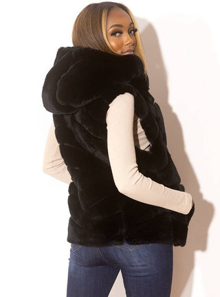 Black Reversible Chevron Rabbit Fur Vest with Hood