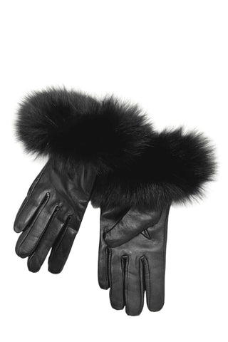 black lamb leather gloves with fox fur trim