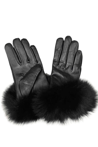 black lamb leather gloves with black fox fur trim