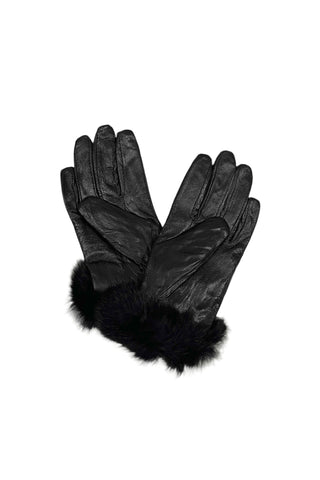 black lamb leather gloves with rabbit fur trim