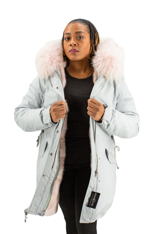 Light Gray Cloth Parka with Pink Zip out Mink Fur Vest with Pink Fox Trim hood