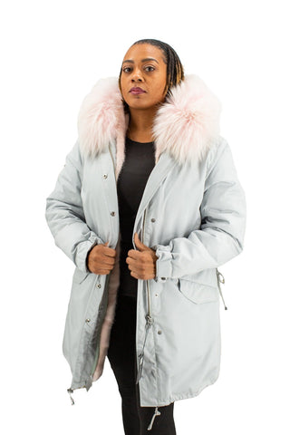 Light Gray Cloth Parka with Pink Zip out Mink Fur Vest with Pink Fox Trim hood