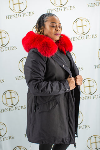 fur clearance: black parka with red mink fur zip out vest lining & red fox fur trim hood