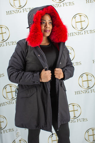 fur clearance: black parka with red mink fur zip out vest lining & red fox fur trim hood