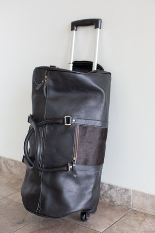 black leather cowhide duffle bag with wheels