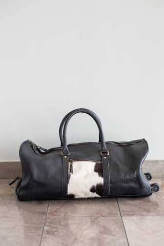 black  leather cowhide duffle bag with wheels