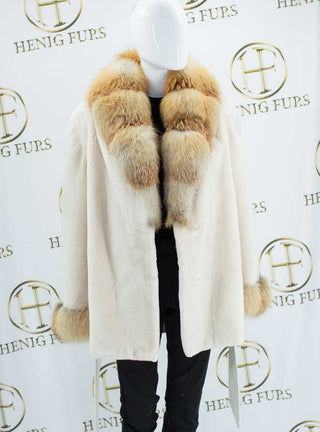 Fur Clearance: Cream Sheared Beaver Fur Jacket with Natural Red Fox Fur Collar & Cuffs & Detachable Leather Belt