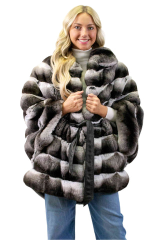 natural chinchilla fur cape with leather belt- fur clearance