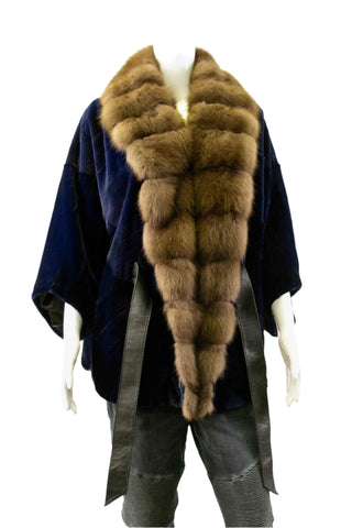 royal blue chevron sheared mink fur cape with sable fur tux and leather belt - fur clearance