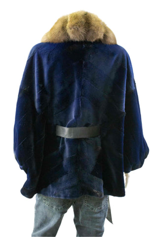 royal blue sheared chevron mink fur cape with sable fur tux & leather belt - fur clearance