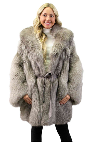 indigo fox fur cape with hood & leather belt - fur clearance