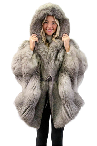 indigo fox fur cape with hood and leather belt - fur clearance