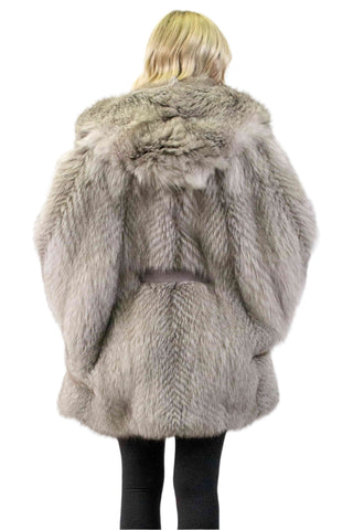 indigo fox fur cape with hood & leather belt - fur clearance