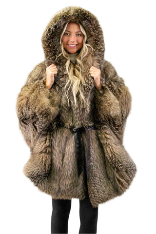 dark crystal fox fur cape with hood & leather belt - fur clearance