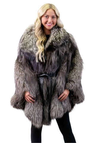 silver fox fur cape with hood & leather belt - fur clearance