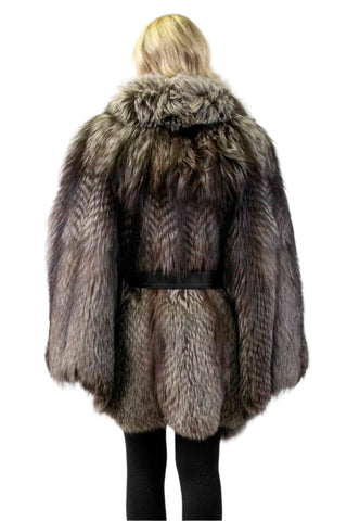 silver fox fur cape with hood & leather belt - fur clearance