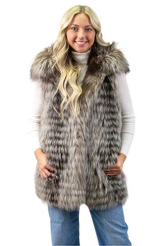 silver fox fur vest with leather inserts & hood - fur clearance