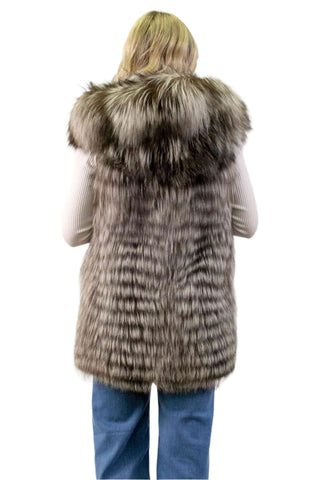 silver fox fur vest with leather inserts & hood - fur clearance