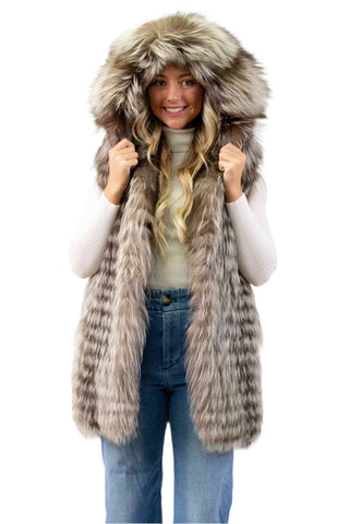 silver fox fur vest with hood - fur clearance