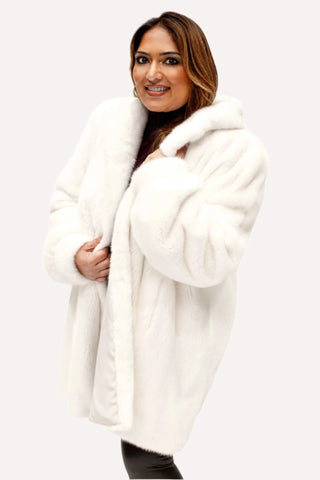 white Female Mink Fur Swing Stroller with Shawl Collar & Bracelet Cuffs.