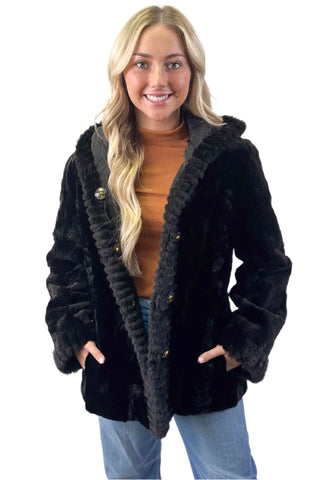 black reversible sheared sectioned mink fur jacket with hood