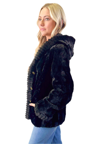 black reversible sheared sectioned mink fur jacket with hood