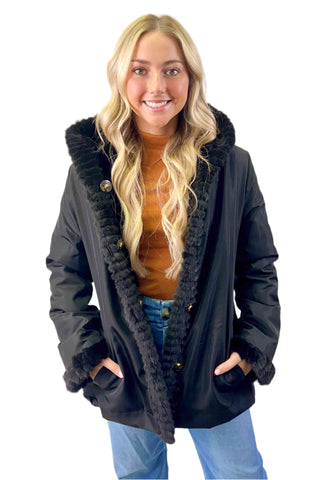 black sheared sectioned reversible mink fur jacket with hood