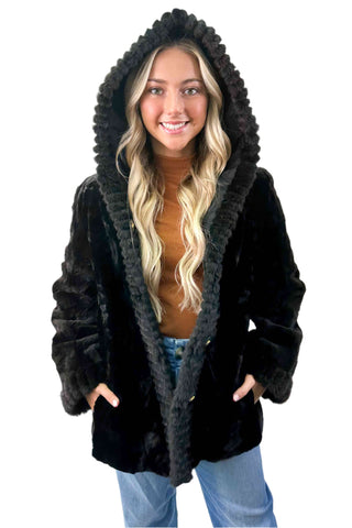 black sheared reversible mink fur jacket with hood